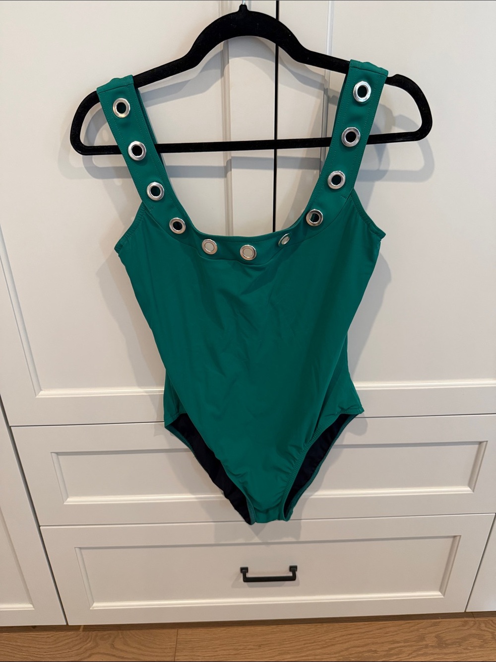 Teal One-Piece Swimsuit with Silver Grommet Straps